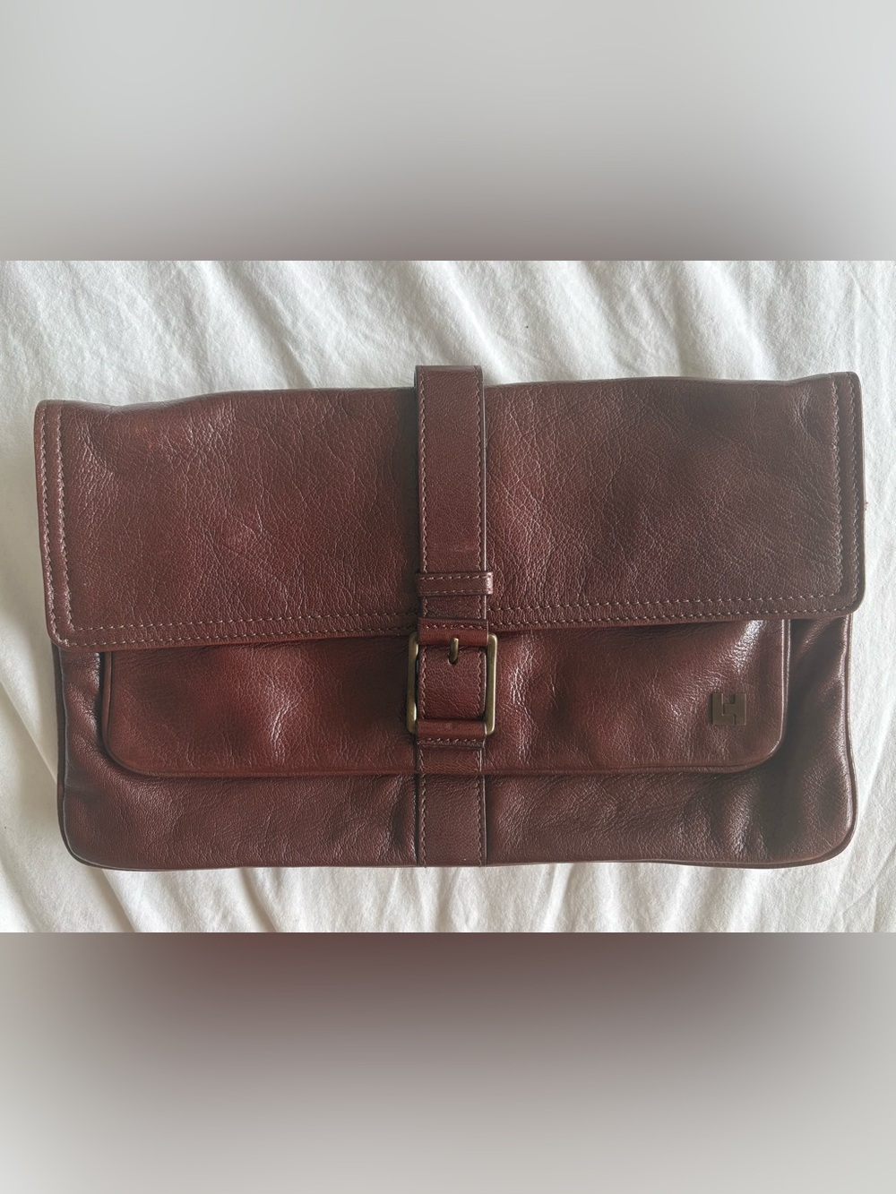 Lambertson Truex Vintage Brown Leather Foldover Buckle Clutch Bag Quiet Luxury